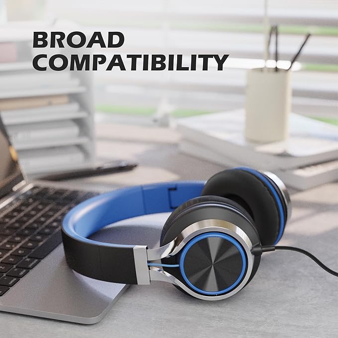 AILIHEN C8 Headphones Wired, On-Ear Kids Headphones with Microphone and Volume Control Foldable Corded Stereo 3.5mm Headset for School Teens Smartphones Chromebook Laptop Tablets Travel (Black Blue)