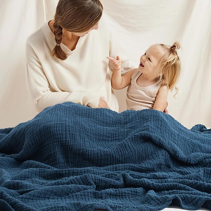 Carriediosa 100% Cotton Muslin Throw Blanket 50" X 70" Throw XL Size，4-Layers Summer Gauze Throws for Bed Couch，Soft Lightweight Breathable Linen Blankets Bedspread for Adults All Season，Navy Blue