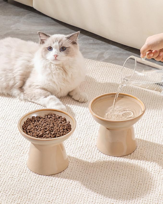 vancasso Ceramic Elevated Cat Bowls 2-Pack - 6.2" Extra Wide Raised Cat Food & Water Dishes, 5.1" Optimal Height Anti-Whisker Fatigue Shallow Bowls for Cats/Kittens/Dogs, Lead & Cadmium Free (Brown)