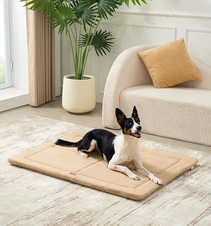 Made4Pets Dog Crate Pad Bed for Large Dogs, Washable & Reversible, Anti-Slip Kennel Mat for Cozy Sleeping, Soft Fluffy Dog Bed for Indoor & Outdoor Use, 41"x29", Khaki
