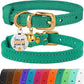 BRONZEDOG Leather Cat Collar with Removable Bells Non Breakaway Kitten QR Tag for Girl Boy (9" - 12" Cats/Mini Dogs, Green & Gold)