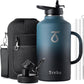 Trebo 64 oz Water Bottle Insulated with Handle, Half Gallon Stainless Steel Metal Large Jug, Travel Flask with Straw Spout Lid, Mug Tumbler Cup with Carry Pouch, Keep Cold Hot, Indigo Black
