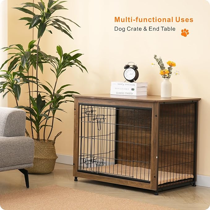 DWANTON Dog Crate Furniture with Cushion, Wooden Kennel Table with Double Doors, Indoor Dog House, Medium Size, 32.5" L, Warm Brown