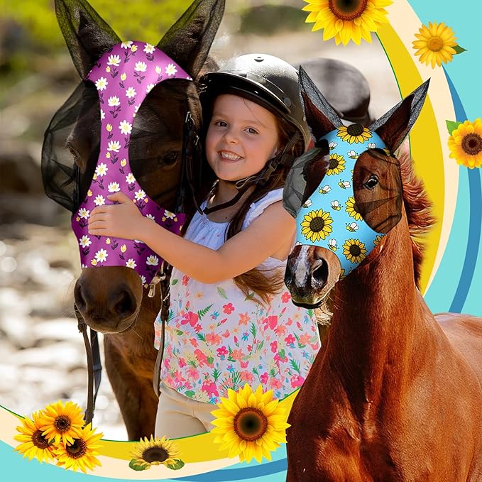 Chunful 6 Pcs Horse Fly Masks with Ears Smooth and Comfortable Cashel Mesh Fly Mask Elasticity Breathability UV Protection Horse Face Covering for Riding Supplies(Floral,Medium)