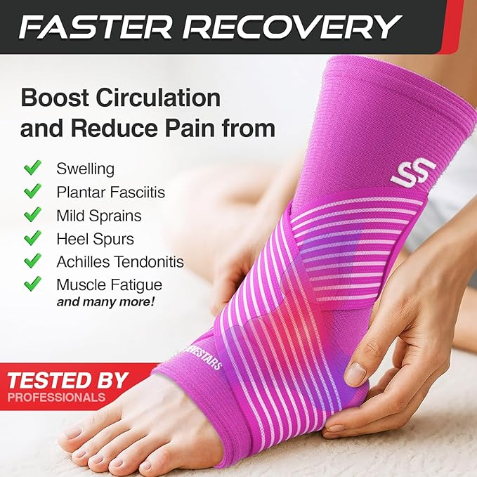 Sleeve Stars Ankle Brace for Women & Men, Ankle Wrap for Sprained Ankle, Compression Sleeve for Plantar Fasciitis Relief, Easy Customizable Support: w/Removable Strap (Single/S:9"-10"/Hot Pink)