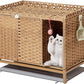 Cat Litter Box Enclosure Furniture with Divider, Handwoven Rattan Litter Box with Mat, 31.2 x 19.6 x 24.2 Inches, Metal Heightened Feet, Hidden Cat House for Living Room, Bedroom (Natural)