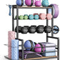 Gym Home Equipment Weight Rack – 3‑Tier Workout Storage Stand for Dumbbells & Kettlebells, Medicine Ball Holder, 460 lb Steel Organizer with Yoga Mat Basket, Hooks, Adjustable Feet, 24 x 16 in