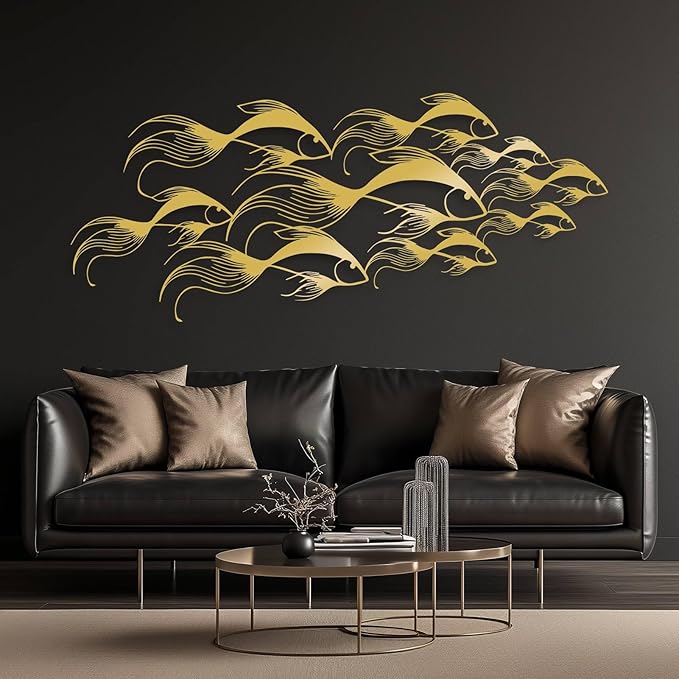 School of Fish Metal Wall Art, Metal Fish Wall Decor, Sea Life Wall Art, Large Nautical Wall Hanging, Modern Beach House Wall Decor, Ocean Themed Artwork for Bathroom (White, 30"x12" | 76x32cm)