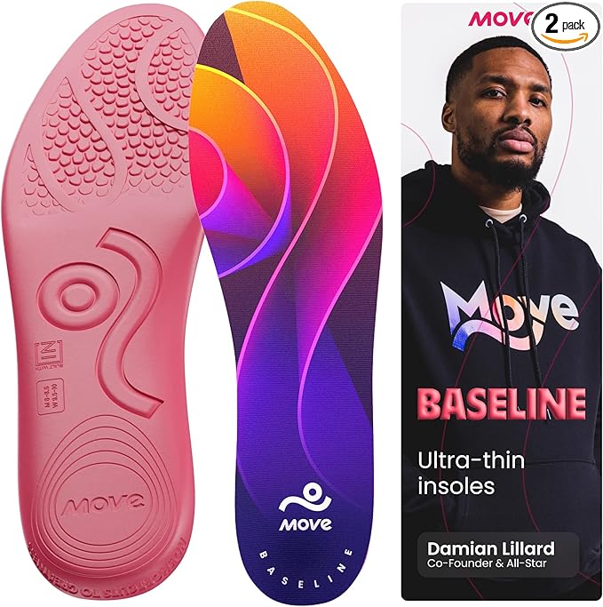 MOVE Baseline - All-Purpose Insoles - Sock Liner - Ultra Thin Shock Absorption - Maximum Freedom of Movement and Energy Return for Cleats, Shoes, Running, Basketball, Baseball (M6-6.5/WM7.5-8)