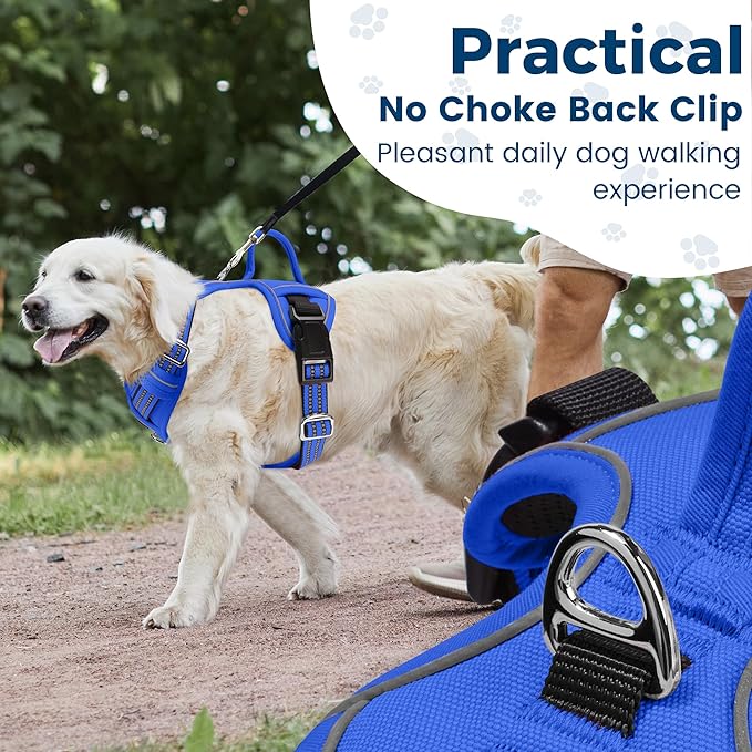 Funfox Dog Harness No Pull, Adjustable Pet Vest Harness, Super Soft Material with Vertical Handle Easy Control, Reflective Night Walking, 2 Leash Clips for XLarge Dogs, Blue, XL
