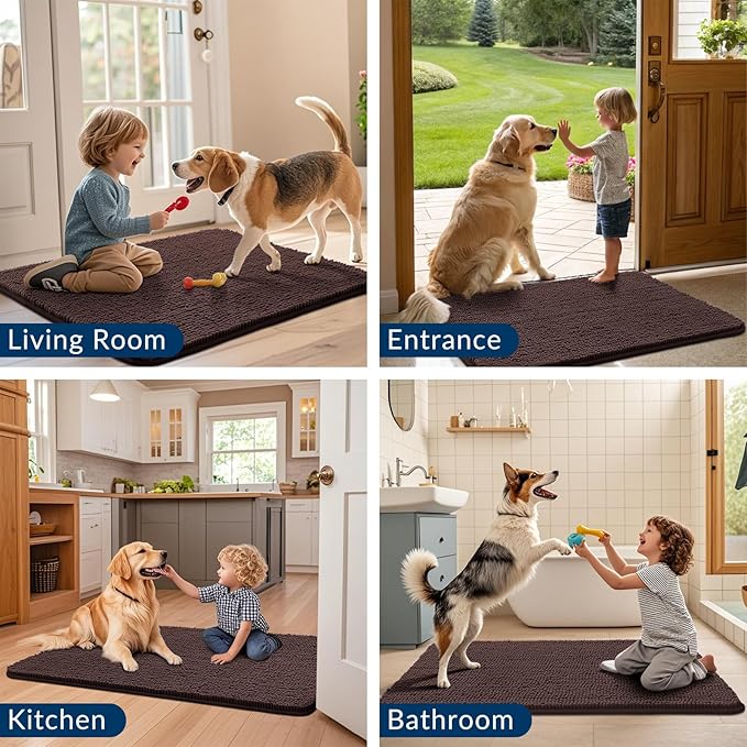 Smiry Dog Door Mat for Muddy Paws 24x16, Absorbs Moisture and Dirt Doormat, Non-Slip Washable Quick Dry Chenille Front Door Mat Indoor Entrance, Entryway Carpet for Inside Floor, Brown