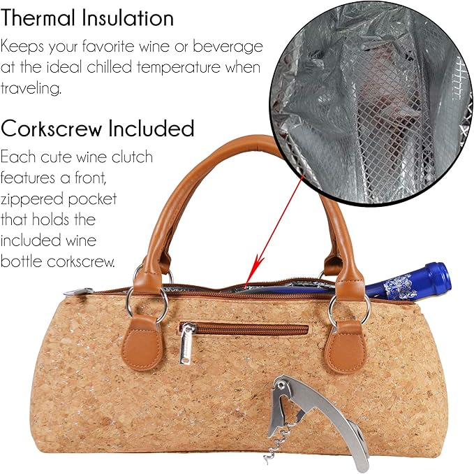 Wine Clutch Bag (Thermal Insulated) Trendy Women's Carry Tote | Holds Red & White 750mL Bottles | Trendy Fashion | Incl. Portable Waiter-Style Corkscrew