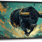 Large Bison Buffalo Wall Art for Living Room, Framed Oversized Bull Wall Decor, Abstract Teal and Golden Canvas Painting Modern Artwork for Living Room Bedroom Office Dining Room 60"x30"