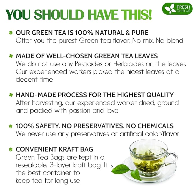 FreshDrinkUS, Premium 210 Green Tea Bags, 100% Natural & Pure from Green Tea. Green Herbal Tea. Made with Natural Material Tea Bags. No Sugar, No Gluten, Vegan.