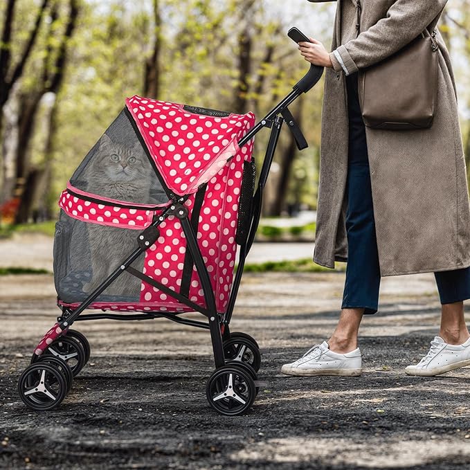 MoNiBloom 4 Wheels Pet Stroller, Easy-Fold Umbrella Shaped Dog Cat Jogger Stroller w/Storage Bag & Visible Mesh for Small/Medium Dogs Cats Hot Pink Polka Dots