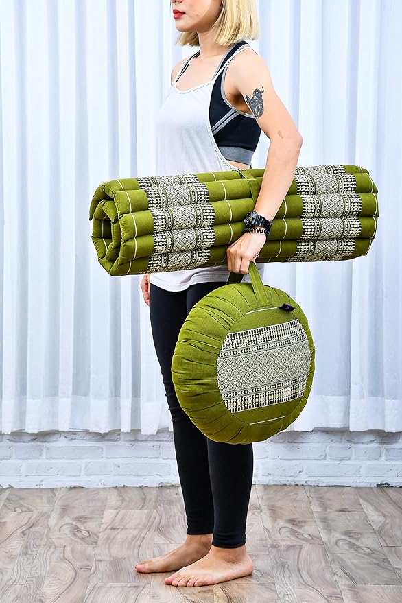 Leewadee Meditation Cushion Set – 1 Round Zafu Meditation Pillow and 1 Square Roll-Up Zabuton Meditation Mat, Pillows Bundle Filled with Kapok