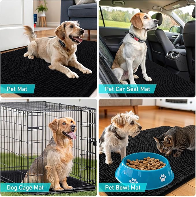 OLANLY Dog Door Mat Set 4-Piece 24x16, Absorbs Moisture and Dirt, Absorbent Non-Slip Washable Doormat, Quick Dry Chenille Mud Mat for Dogs, Entry Indoor Entryway Carpet for Inside Floor, Black