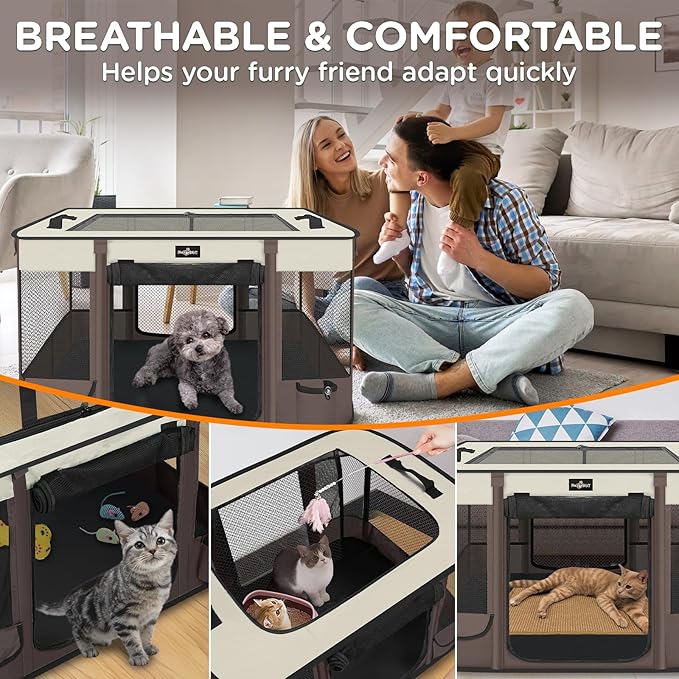 Foldable Pet Kitten Playpen, Upgrade Waterproof Portable Cat Dog Playpen Kennel Tent for Small Dog Cat, Removable Shade Cover, Come with Free Carrying Case, Indoor Outdoor Use for Small Pet, Brown