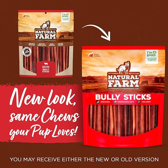 Natural Farm Odor-Free Thin Bully Sticks (6”, 25-Pack) All-Natural Long-Lasting Dog Chews, 100% Beef Pizzle, Grass-Fed, Grain-Free, Protein for Muscle Development & Energy, Perfect for Medium Chewers