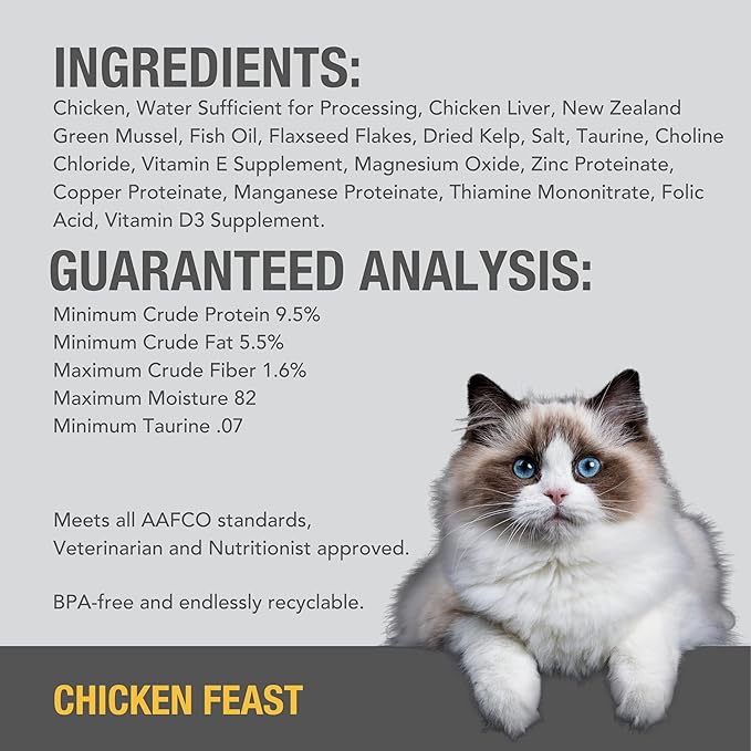 Feline Natural New Zealand Canned Catfood Wet Food, High-Meat, Low-Carb, & Grain Free Cat Food Wet, Chicken Feast, 6 oz, Pack of 12
