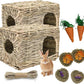 kathson 2 Pcs Rabbit Grass House Natural Foldable Hand Woven Seagrass Bed Carrot Hay Toy Hut Safe Comfortable Playhouse with Bunny Chew Toys for Bunny Hamster Guinea Pig Chinchilla Ferret