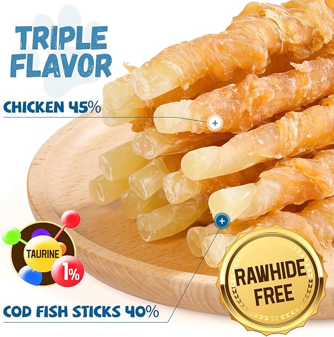 Dog Treats Chicken Wrapped Cod Sticks, Natural Chicken Cod Jerky Treats Rich in Omega-3, High Protein Chewy Training Treats Dog Snacks for Small Medium Large Dogs, 15-17 Counts, 10.6 oz