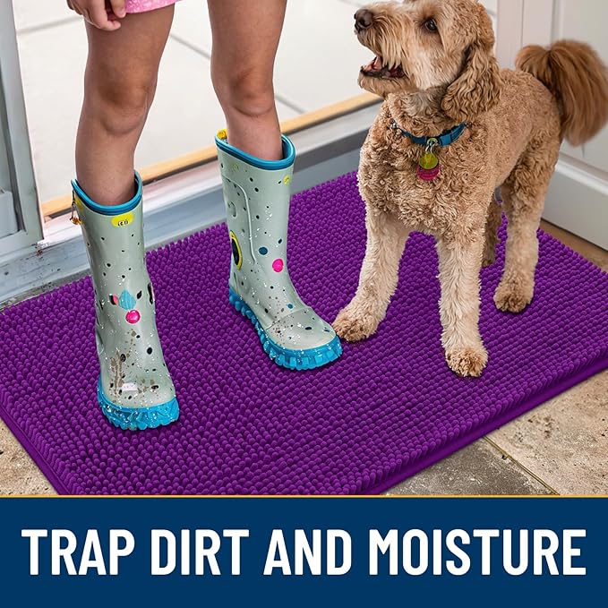 Smiry Dog Door Mat for Muddy Paws 24x16, Absorbs Moisture and Dirt Doormat, Non-Slip Washable Quick Dry Chenille Front Door Mat Indoor Entrance, Entryway Carpet for Inside Floor, Purple