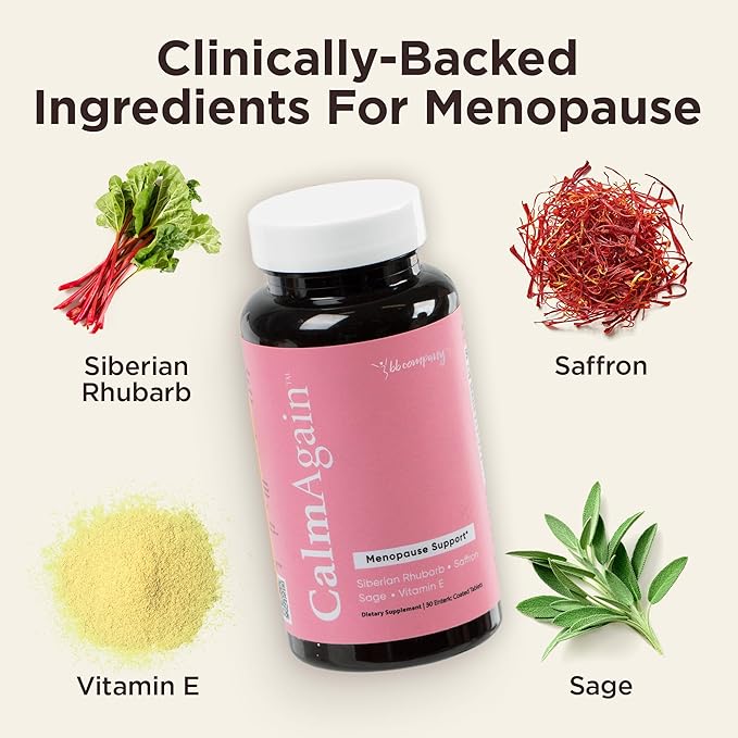 BB Company CalmAgain for Menopause Anxiousness, Mood Balance for Women | Stay Calm, Lower Cortisol, Fewer Mood Swings | Siberian Rhubarb, Sage, Saffron | Menopause Relief | 30 Ct