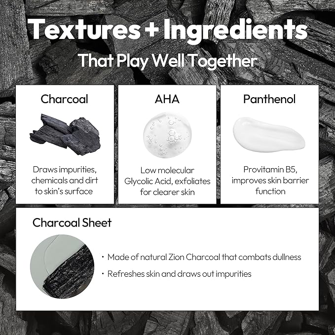 LAPCOS Charcoal Sheet Mask, Daily Face Mask with Salicylic Acid and Tea Tree Oil to Detoxify and Tighten Skin, Korean Beauty Favorite, 5-Pack