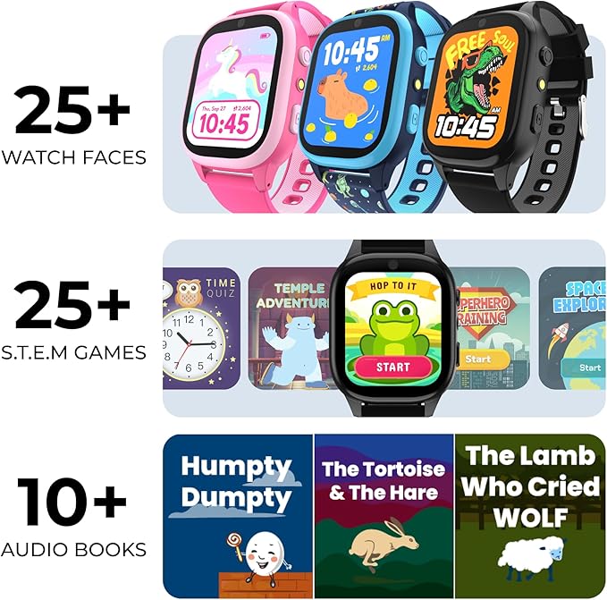 PlayZoom 4 Kids Smartwatch – 1.83” Color Touchscreen, 25+ Games, Selfie Camera, Audiobooks, Songs, Step Tracker, Parental Controls, Waterproof, for Ages 4-12 (Purple Unic)
