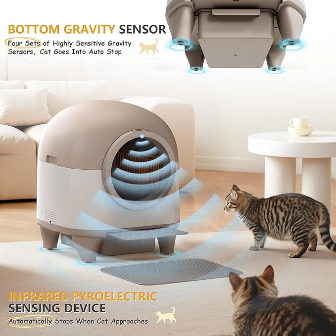 WARCAT Self Cleaning Litter Box Automatic, 90 L Automatic Cat Litter Box for Multiple Cats APP-Controlled with Smart Sensors, Safety Protection,Mat,1 Roll Garbage Bag (Brown)