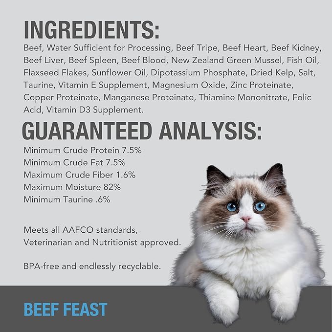 Feline Natural New Zealand Canned Catfood Wet Food, High-Meat, Low-Carb, & Grain Free Cat Food Wet, Beef Feast, 6 oz, Pack of 12