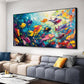 School of Fish Printed Canvas Wall Art – Framed Abstract Ocean Print – Vibrant Fish Wall Decor for Living Room, Bedroom, Office (Black Framed, 55"x27"|140x70cm)