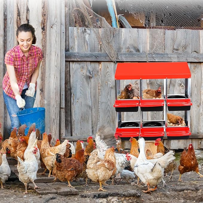 Nesting Boxes for Chickens, Chickens Laying Boxes for Chicken Coop, 6 Compartments Chicken Nesting Boxes, with Removable Tray, Easy Cleaning, for Hens Outdoor Chicken Coop Farm Yard, Red