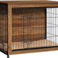 DWANTON Dog Crate Furniture with Cushion, Wooden Kennel Table with Double Doors, Indoor Dog House, Medium Size, 32.5" L, Warm Brown