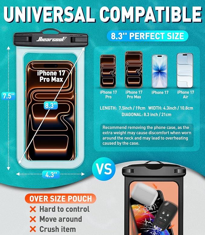 Hiearcool Waterproof Phone Pouch, Water Proof Phone Case for iPhone, Waterproof Cell Phone Dry Bag for Cruise Travel Vacation Essentials Large Waterproof Phone Holder 4 Pack-Black&Clear