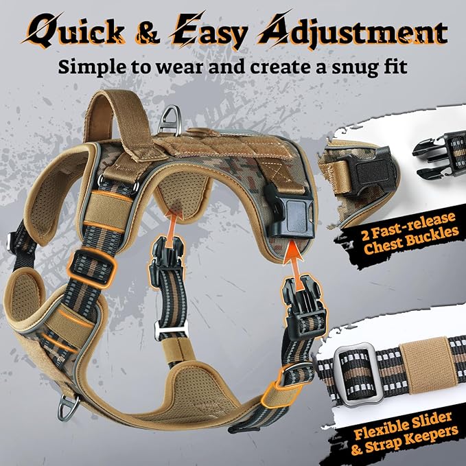 rabbitgoo Dog Harness for Large Dogs No Pull, Tactical Service Pet Vest with Molle and Control Handle, Adjustable and Reflective Military Harness for Easy Walking and Training, Desert camo, L