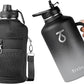 Trebo Half Gallon Water Bottle Insulated with Handle, 64 oz Double Wall Stainless Steel Metal Large Jug, Travel Flask with Straw Spout Lid, Mug Tumbler with Carry Pouch, Keep Cold Hot, Dark Gray