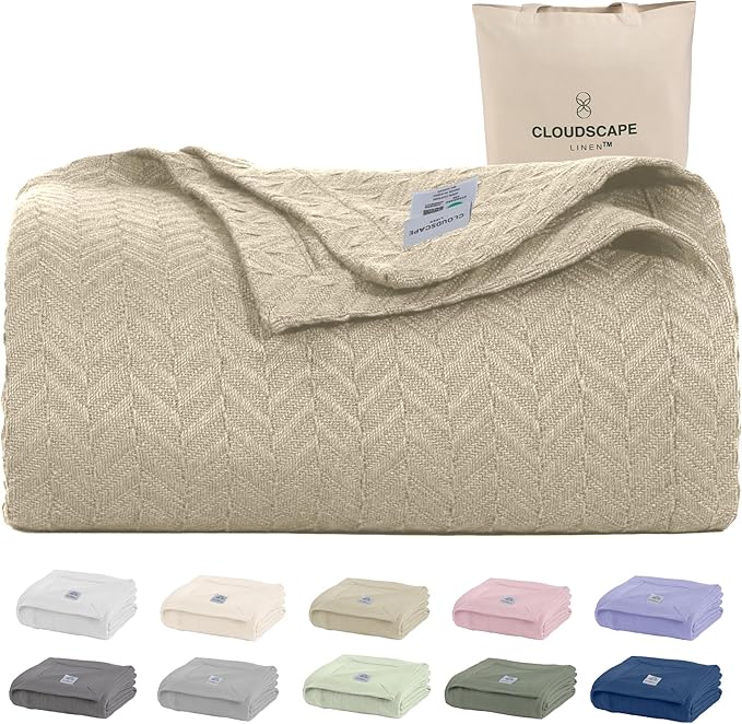 Herringbone Cotton Twin Blanket for Couch, Bed,Sofa, Home Decor, Soft, Lightweight, All-Season Bed Blanket, 68 x92, Beige Fog