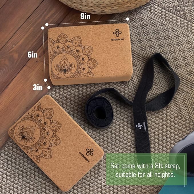 Overmont Cork Yoga Blocks 2 pack with 8ft Strap Natural Cork Bricks- High Density & Eco Friendly Yoga Accessories for Women - Ideal for Yoga Pilates General Fitness and Stretching 9x6x3''