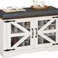 Farmhouse Storage Bench with Cushion, Metal and Wood Shoe Rack Organizer, Adjustable Shelf, Shoe Cabinet with Half Hidden Storage Space, for Entryway, Bedroom, Living Room (Old White, 31.4in)
