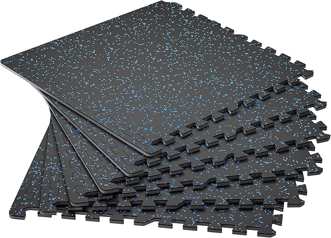 SUPERJARE 0.4'' Thick 6 Pcs 24 Sq Ft Rubber Top Exercise Equipment Mats, High Density EVA Foam Mats with Rubber Top, Interlocking Gym Flooring for Home Gym, Protective Workout Mat, Black/Blue