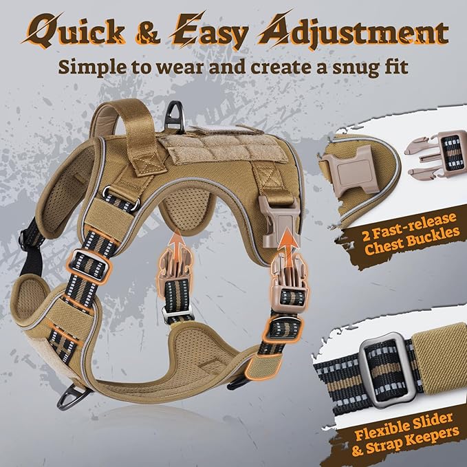 rabbitgoo Dog Harness Medium Sized No Pull, Tactical Service Pet Vest with Molle and Control Handle, Adjustable and Reflective Military Harness for Easy Walking and Training, Brown, M