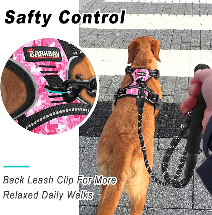 BARKBAY No Pull Dog Harness Large Step in Reflective Dog Harness with Front Clip and Easy Control Handle for Walking Training Running(Pink camo,S)
