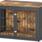 48" Rustic Heavy Duty Dog Crate Furniture for Extra Large Dogs, Metal Kennel for High Anxiety Dogs, Wooden Cage Furniture Indoor, Decorative Dog Kennel End Table, XL