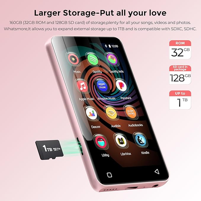 160GB MP3 Player with Bluetooth and WiFi, innioasis Music Player with Spotify,Pandora,Amazon Music,4" Touch Screen Android MP4 MP3 Player for Kids with Libby,Audible,Spotify Kids (White+Pink)