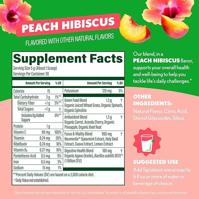 Amazing Grass Sweet Greens and Superfoods Powder for Digestive Health, Greens Powder, Digestive Enzymes, Probiotics, Spirulina, Chlorella, Peach Hibiscus, 30 Servings