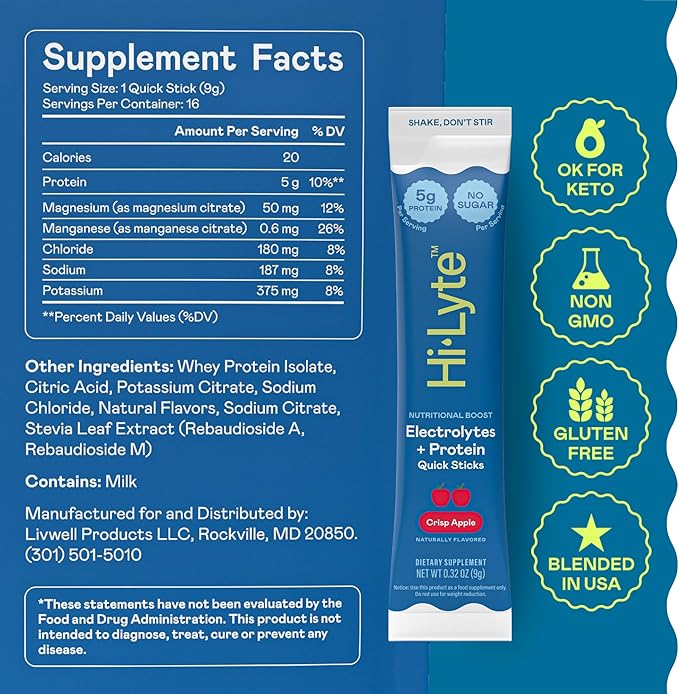 Hi-Lyte Nutritional Boost - Electrolytes + Protein Quick Sticks - Crisp Apple - Hydration + Whey Protein Powder Packets - 5g Protein, Electrolytes, No Sugar, Keto Friendly
