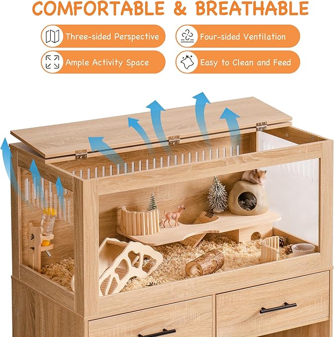 Mewoo Large Hamster Cage, Hamster Cage with Storage Cabinet, Large Habitats Hamster House with View Acrylic Panels and Drawer, Small Animal Cage for Guinea Pig, Rat, Hedgehog, Ferret
