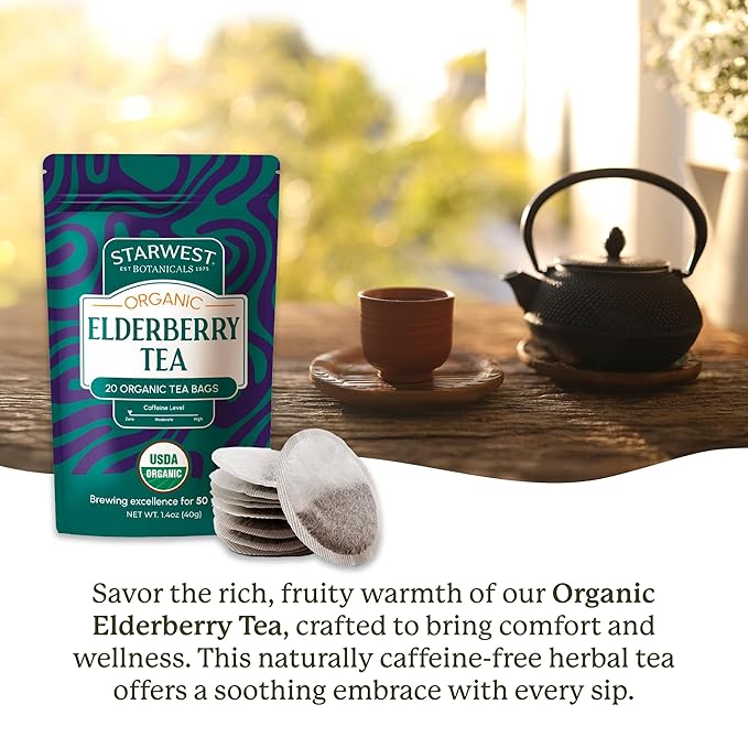Starwest Botanicals Organic Elderberry Tea - Caffeine Free Herbal Tea Blend, Immune System Support, String Free Sachets, USDA Organic Elderberries & Elder Flower, Non GMO - 20 Tea Bags